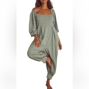 Free People Lotta Love Balloon Sleeve Cotton Jersey Jumpsuit. Size Large